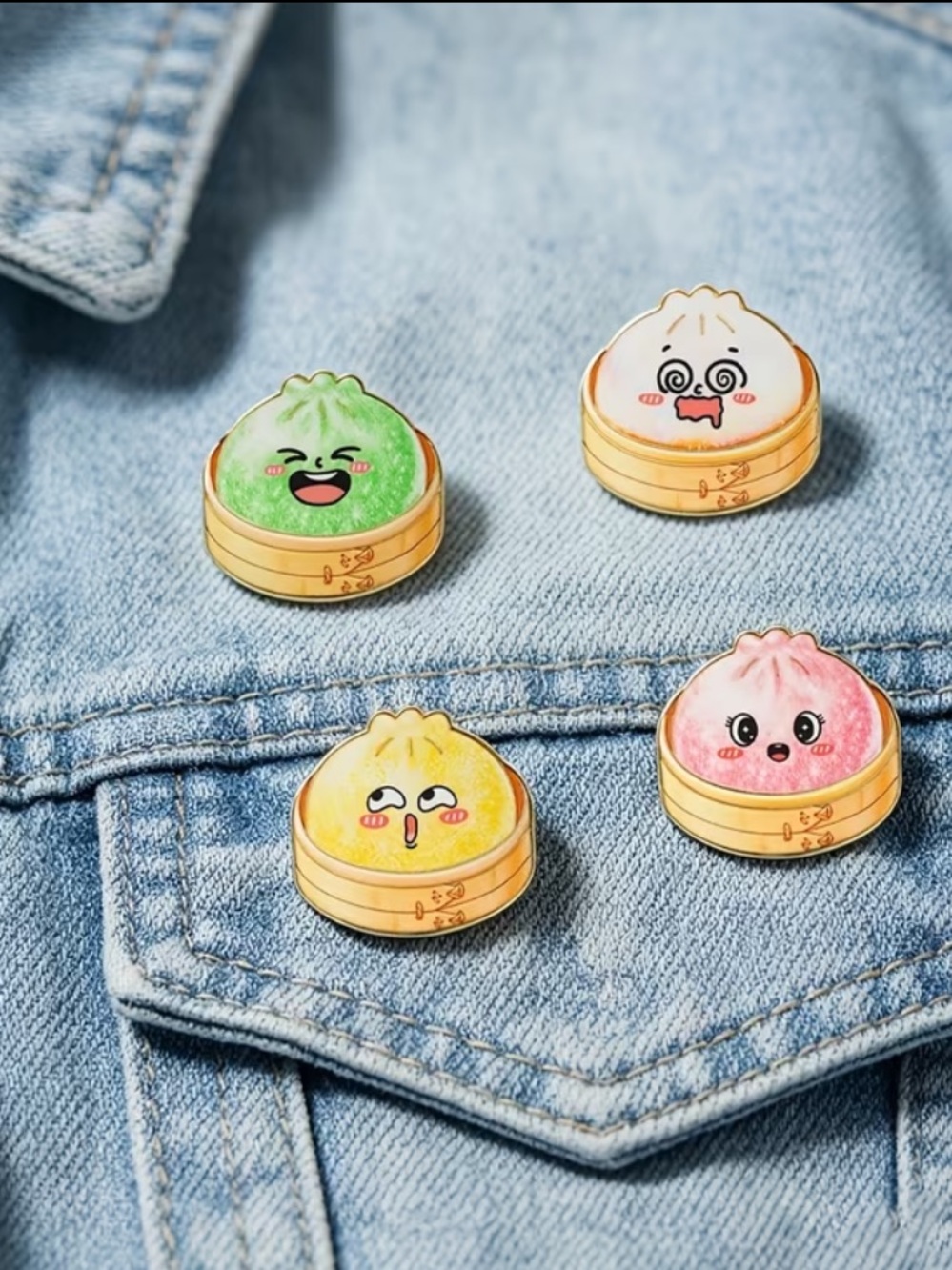 Steamed Dumpling Characters Enamel Fun Pin Brooch Set of 4 Metal Badge